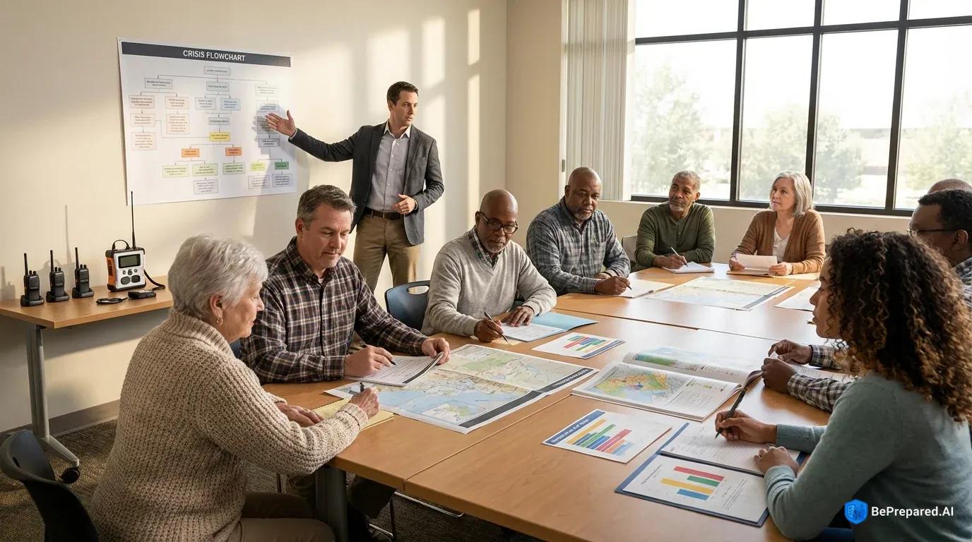 Diverse community members reviewing emergency response plans in well-lit meeting room