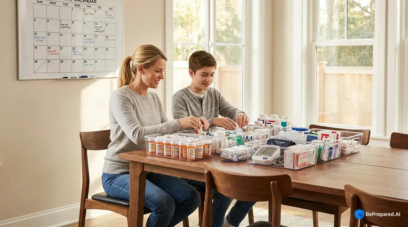 Family organizing pandemic medical supplies with clear storage containers and planning calendar
