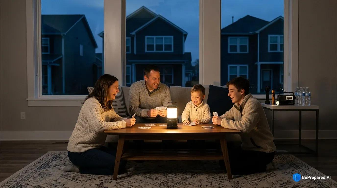 Family playing cards by lantern light during power outage, emergency supplies nearby