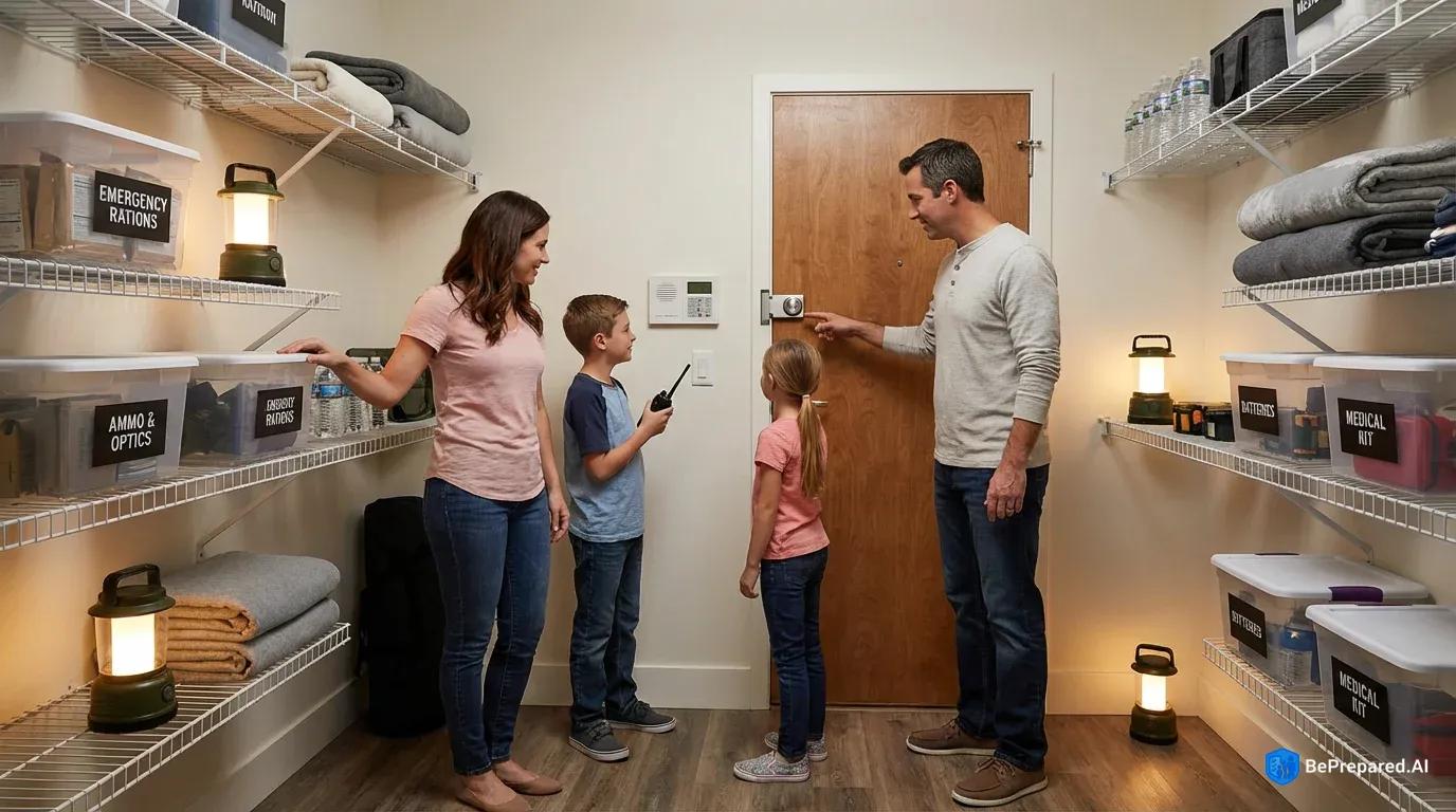 Family exploring their converted walk-in closet safe room with organized emergency supplies and security features