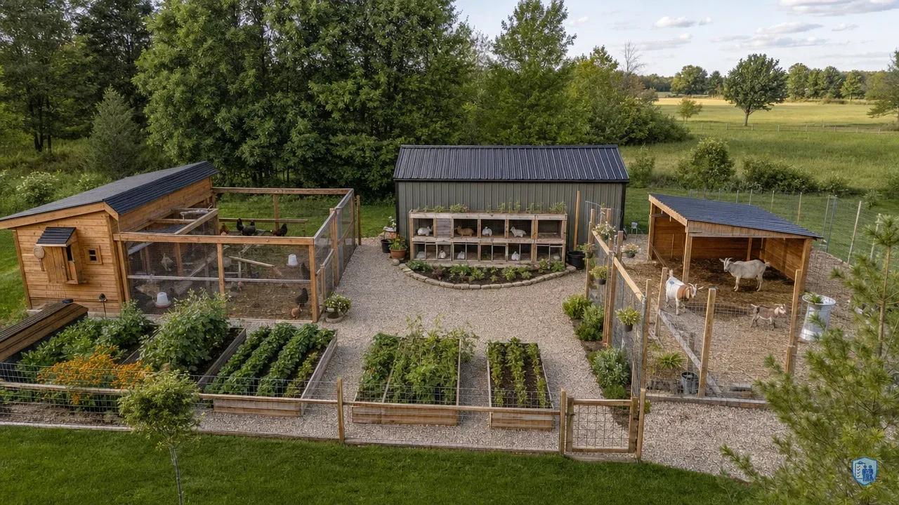 Aerial view of organized 1-acre homestead with chicken coop, rabbit hutches, and goat pen areas