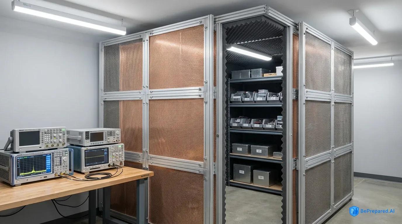 Professional Faraday cage setup in basement with testing equipment and properly stored electronics