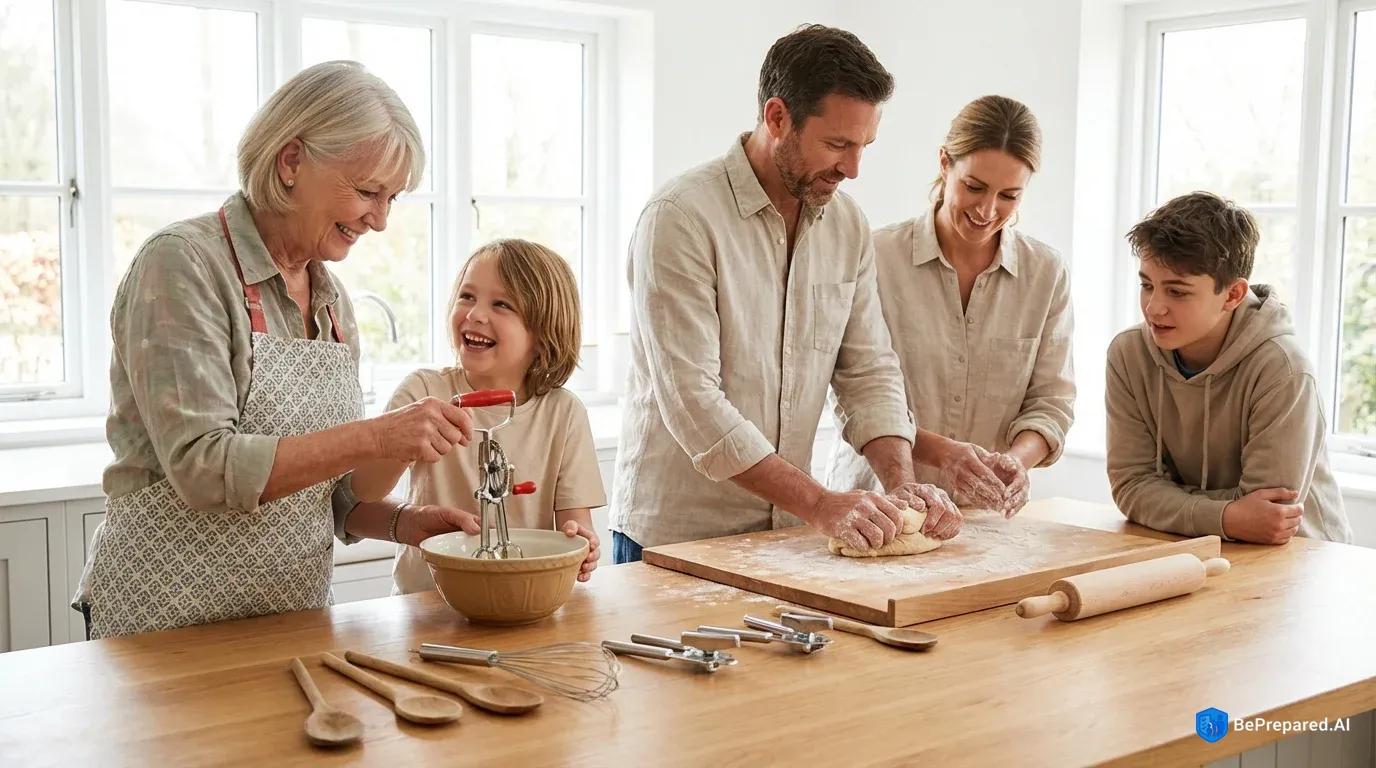 Family preparing food with manual tools while grandmother teaches child to use hand-crank egg beater