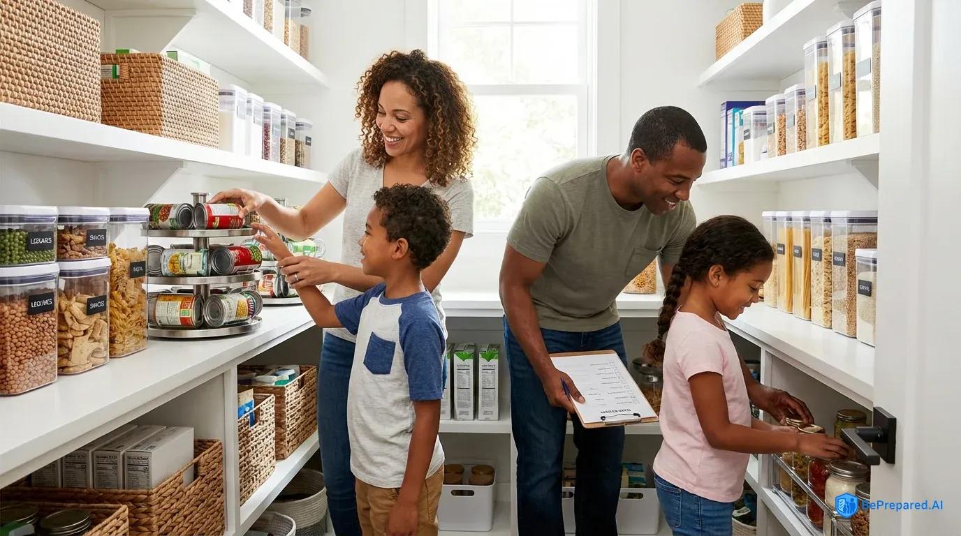 Family of four organizing emergency food supplies in well-stocked home pantry