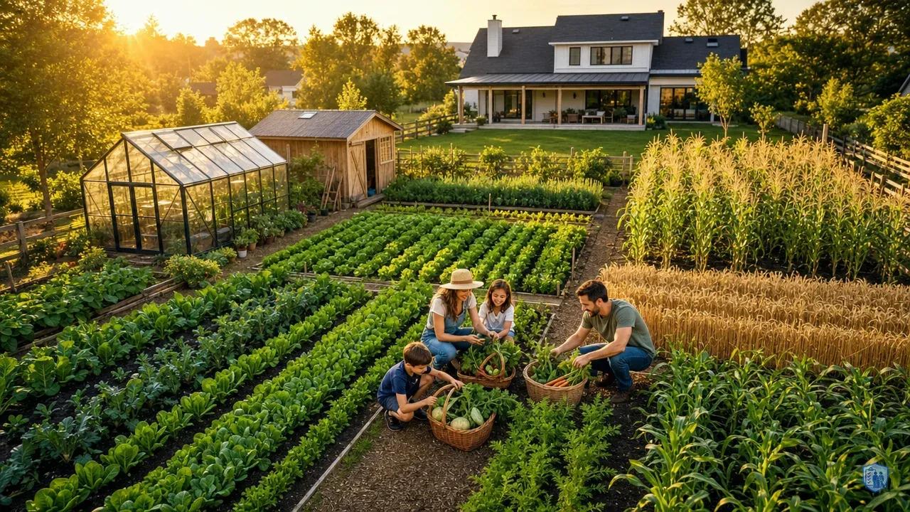 Aerial view of organized one-acre garden with family harvesting vegetables in golden hour lighting