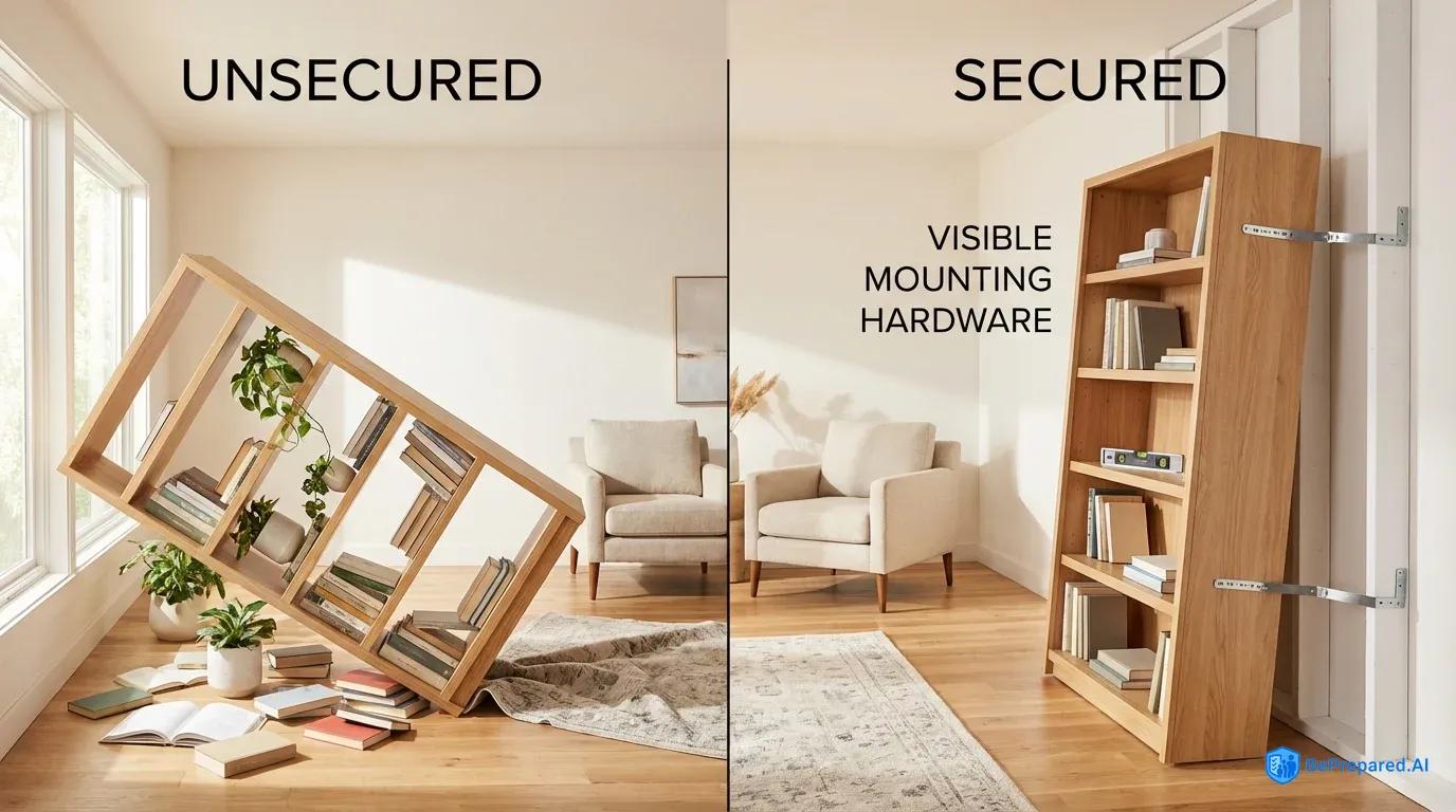 Split view comparing secured vs unsecured bookcase during earthquake - one toppled, one safely anchored
