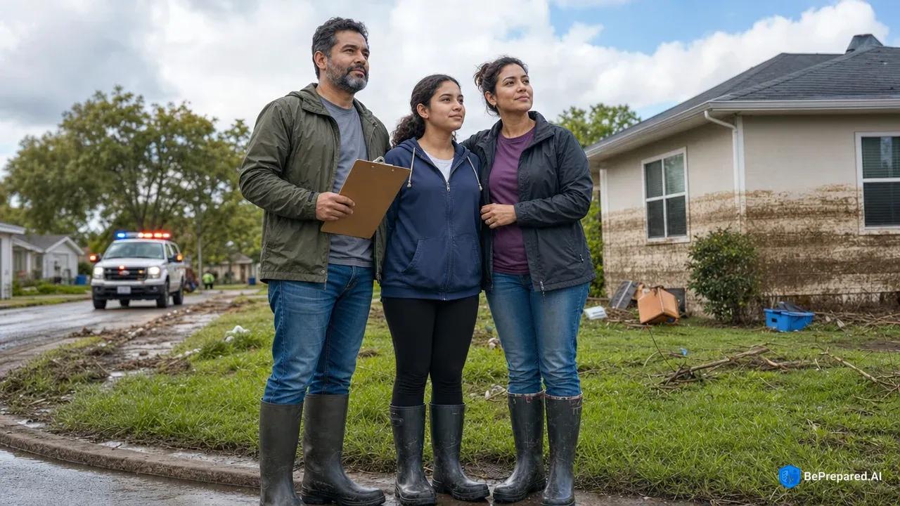 Family in rubber boots standing outside flood-damaged home with emergency responder vehicle in background