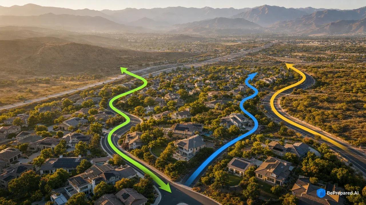Aerial view of suburban neighborhood with three colored evacuation routes marked during golden hour