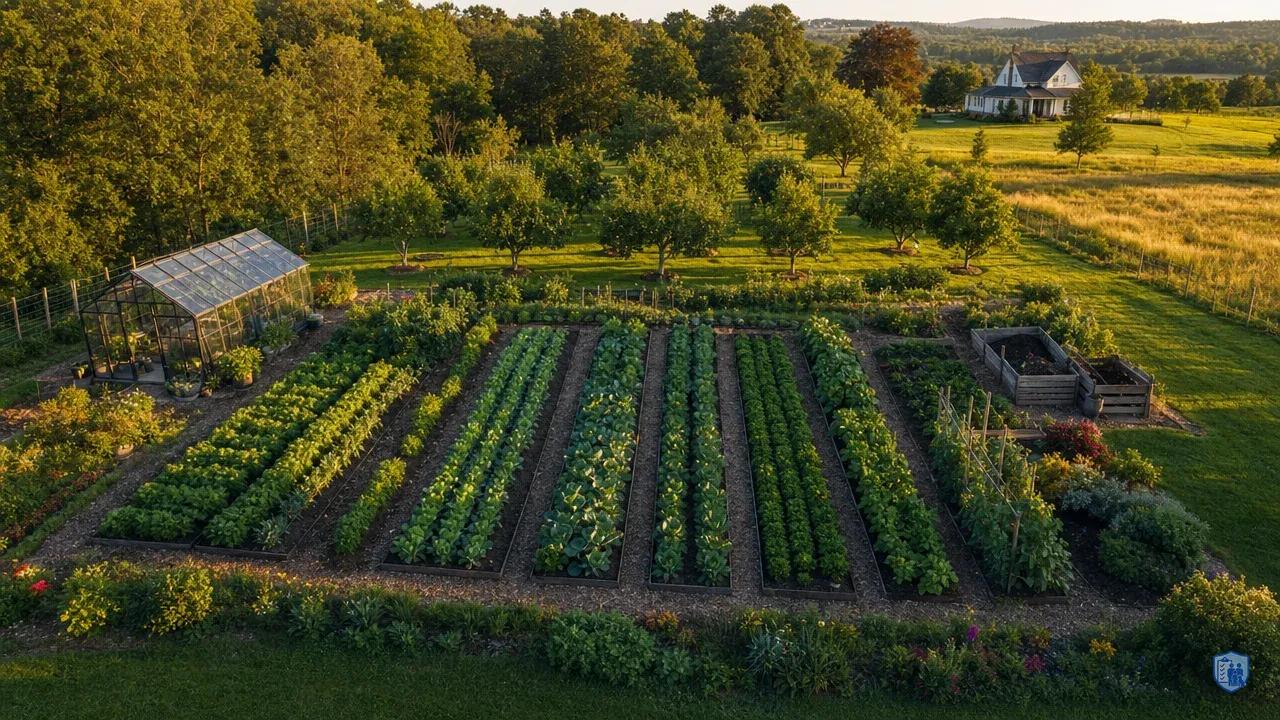 Aerial view of organized one-acre garden with distinct zones, greenhouse, and abundant crops for food security