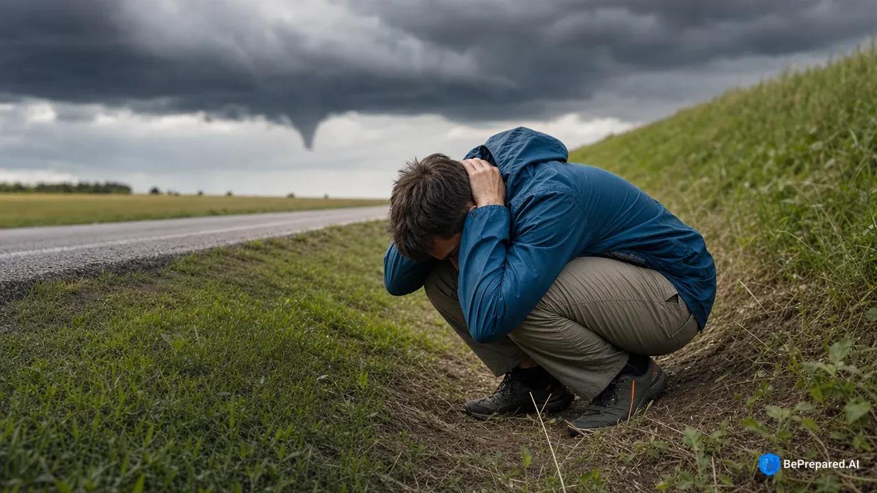 Person crouched in roadside ditch covering head during tornado with storm clouds overhead
