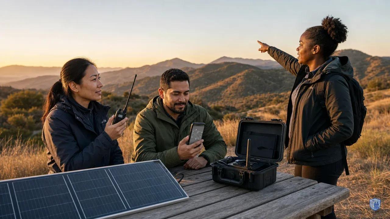 Three people using Meshtastic communication devices outdoors with solar equipment on table