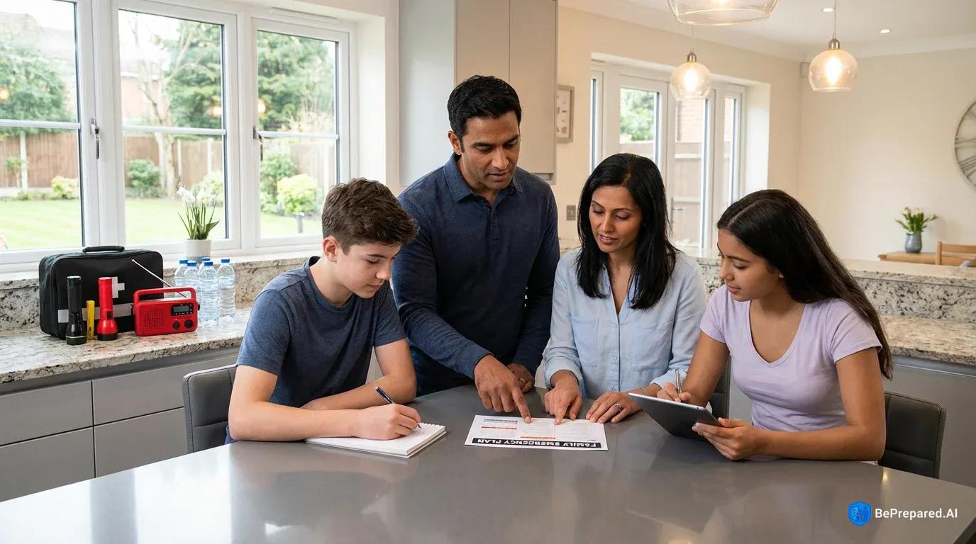 Family of four reviewing emergency plan at kitchen table with preparedness supplies visible in background