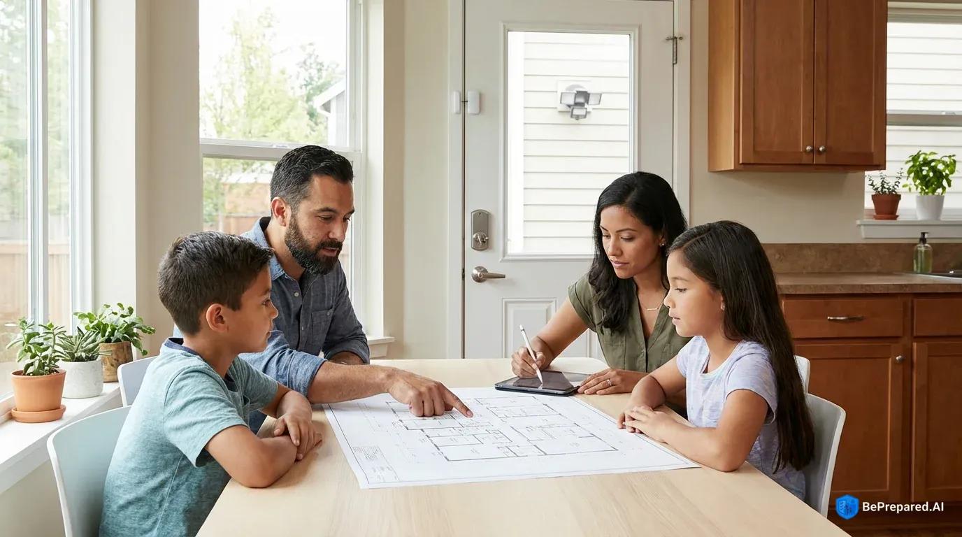 Family reviewing home security floor plan together at kitchen table with security features visible in background