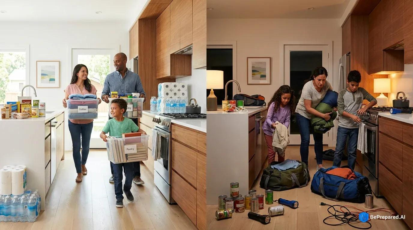 Split comparison: Prepared family calmly organizing quarantine supplies vs rushed last-minute preparations