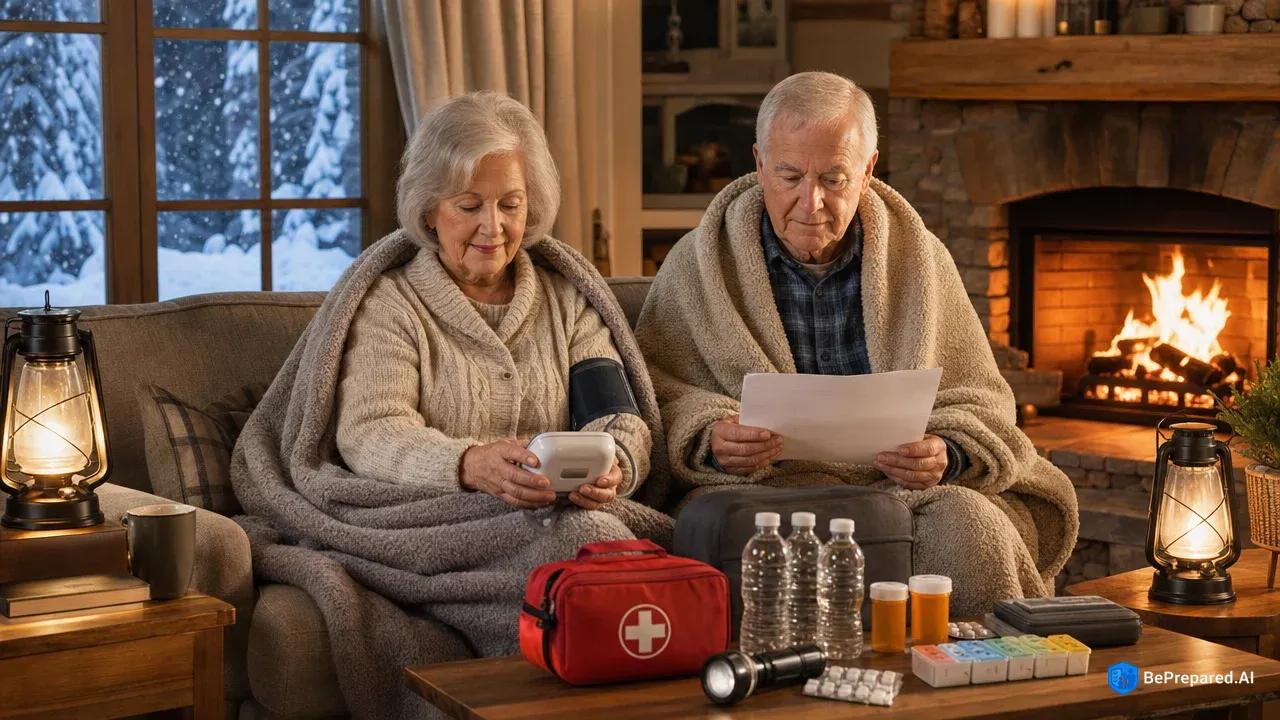 Elderly couple wrapped in blankets by fireplace with emergency supplies during winter storm