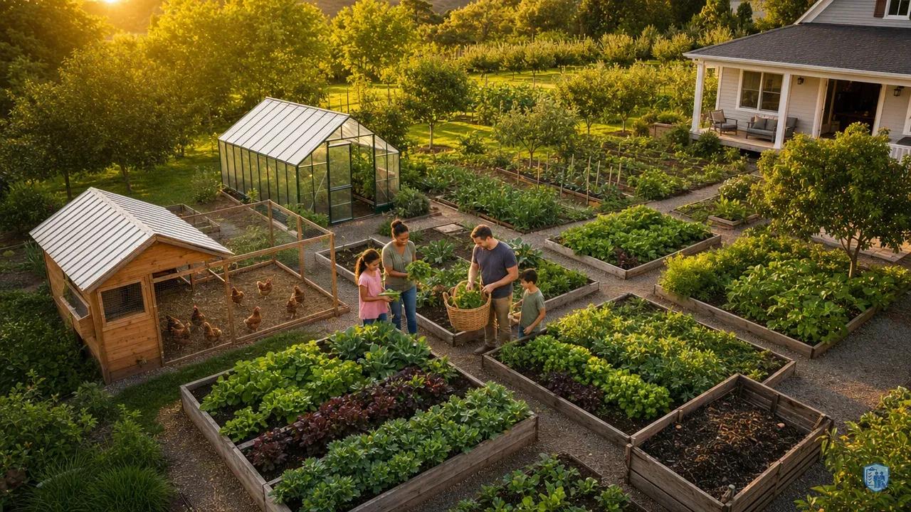 Aerial view of organized one-acre homestead with family harvesting vegetables from diverse production zones