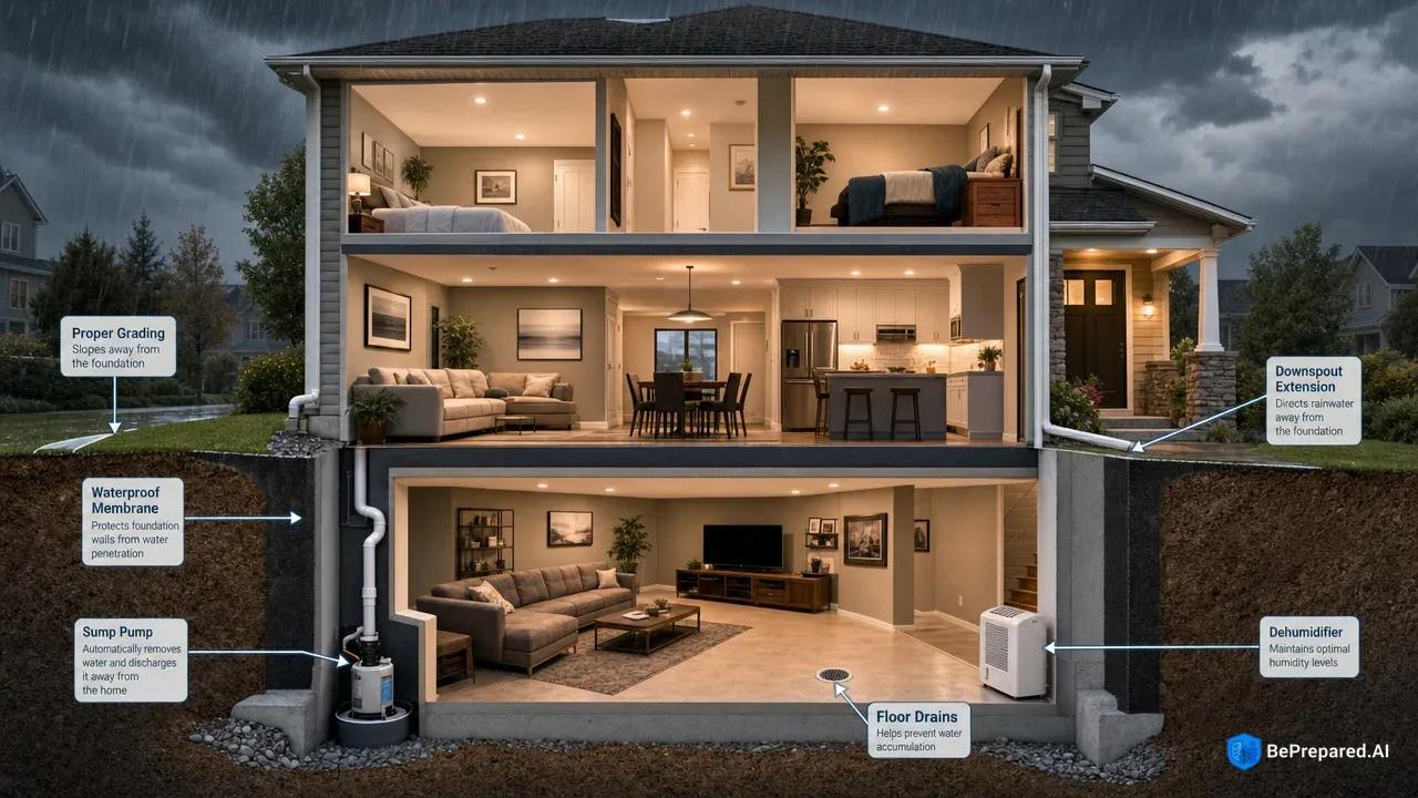 Cross-section view of house showing waterproofed basement with living space and protection systems