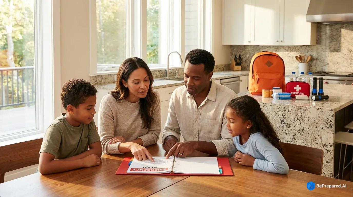 Family reviewing emergency preparedness plans together at kitchen table with supplies visible in background