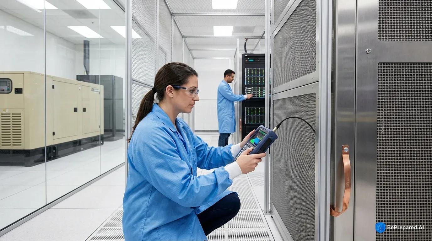 Engineer testing EMP shielding effectiveness on data center equipment enclosure