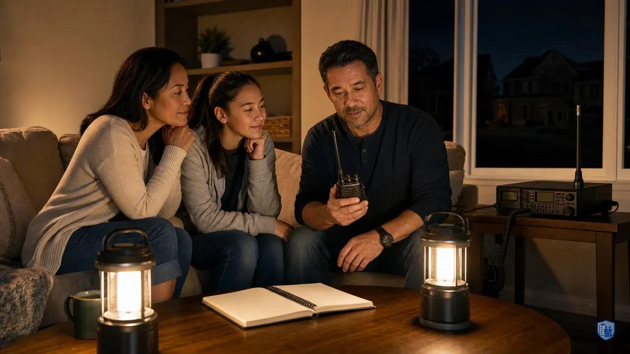 Family using handheld radio during power outage with battery lanterns and emergency communication plan