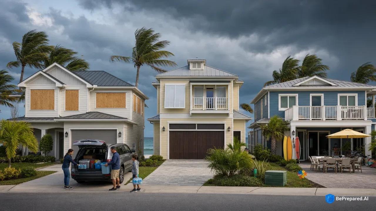 Coastal homes showing varying hurricane preparation levels with storm approaching