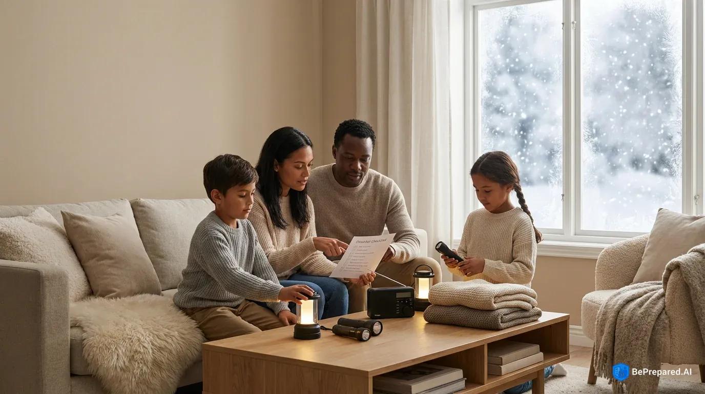 Family reviewing winter storm checklist while organizing emergency supplies in cozy living room with snow visible outside