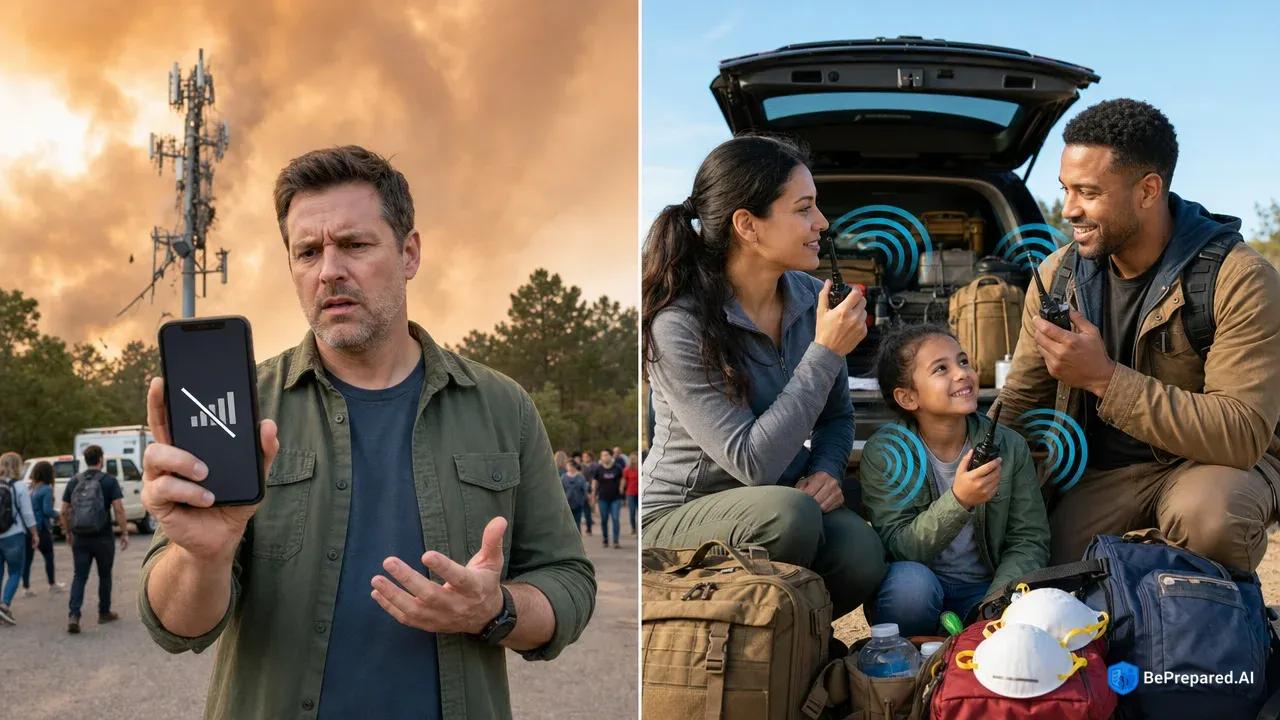 Split comparison: failed cell phone vs working two-way radios during wildfire emergency
