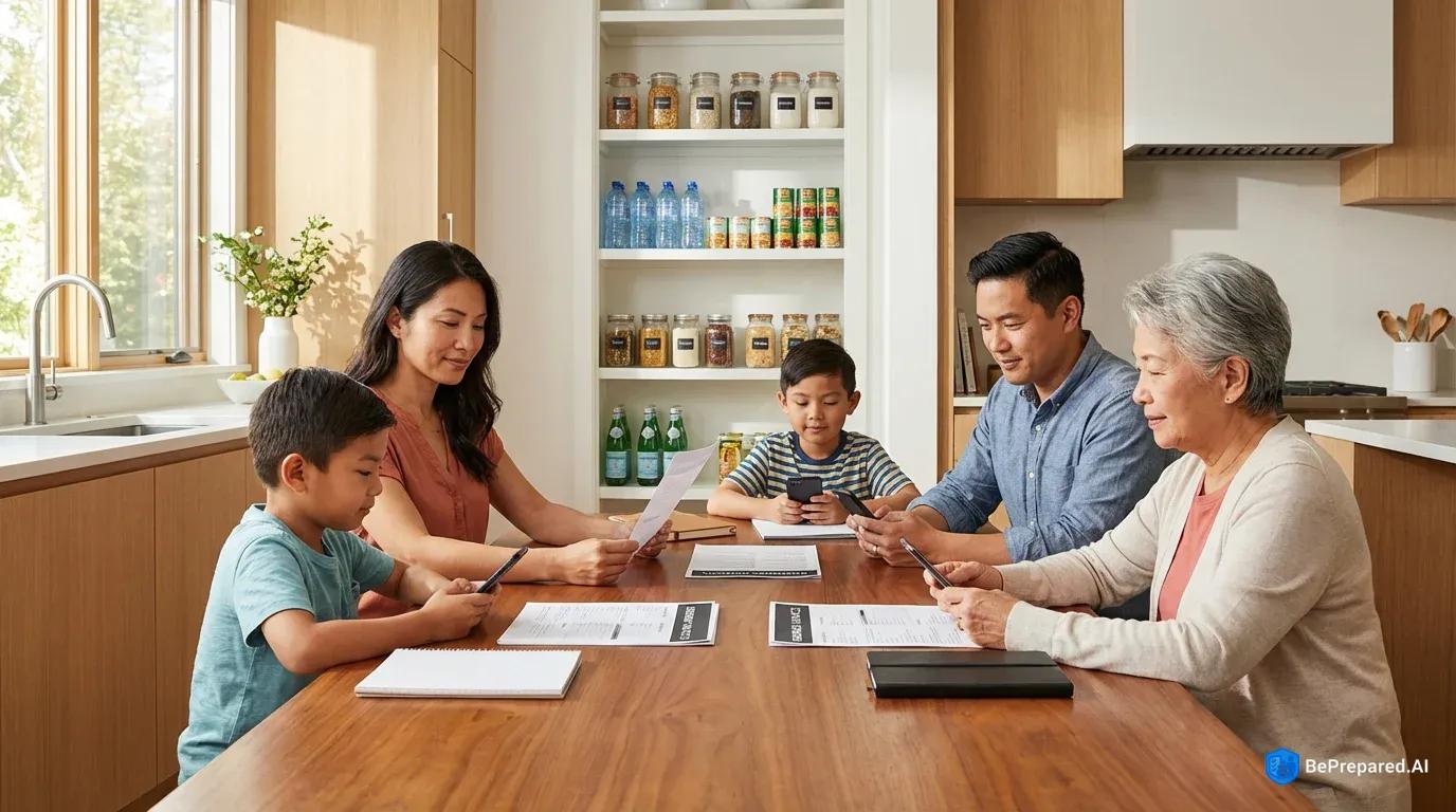 Family and grandmother reviewing emergency contact lists and phones at kitchen table with organized supplies in background