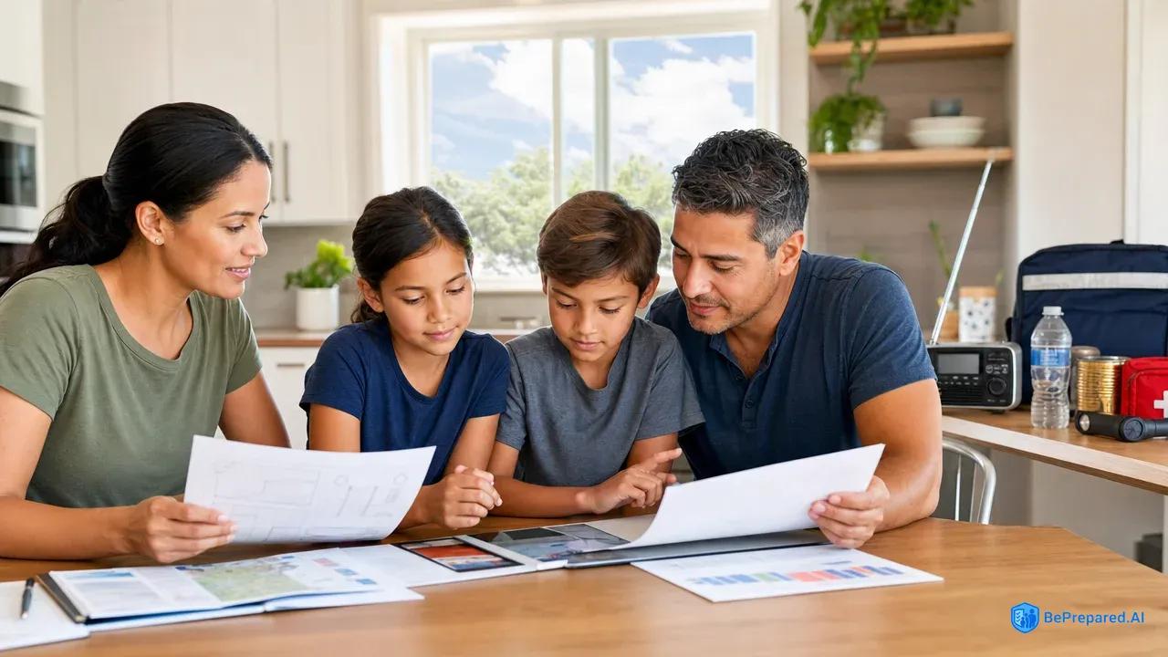 Diverse family reviewing tornado safety plan at kitchen table with weather radio nearby