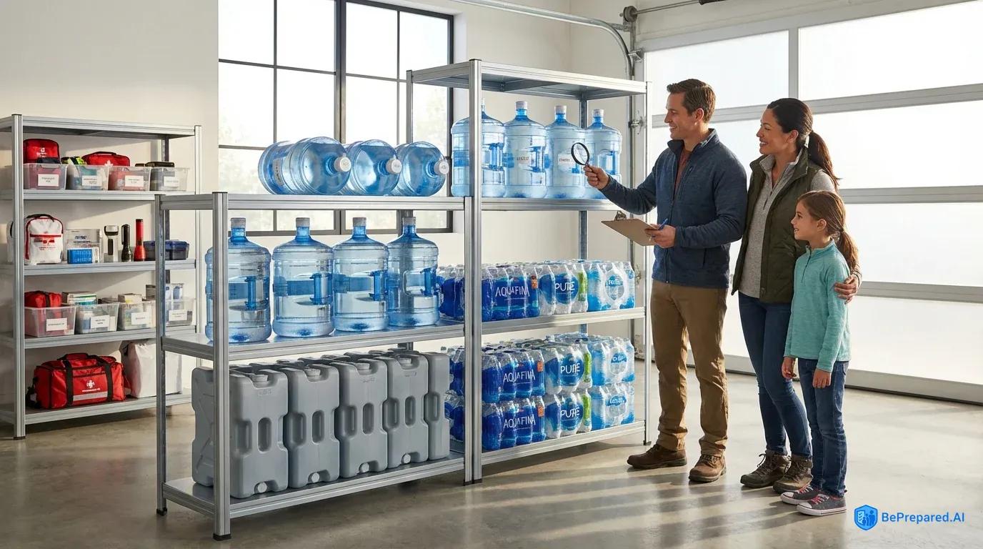 Family checking dates on emergency water containers in organized garage storage area