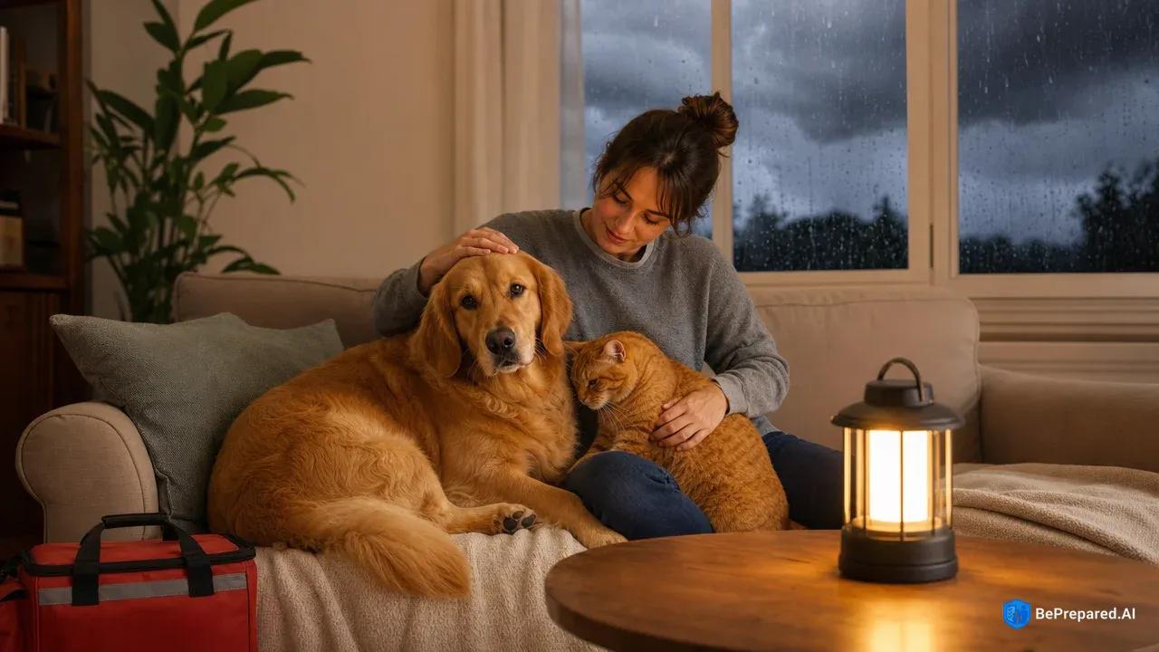 Golden retriever and tabby cat with owner on couch during thunderstorm, emergency kit nearby