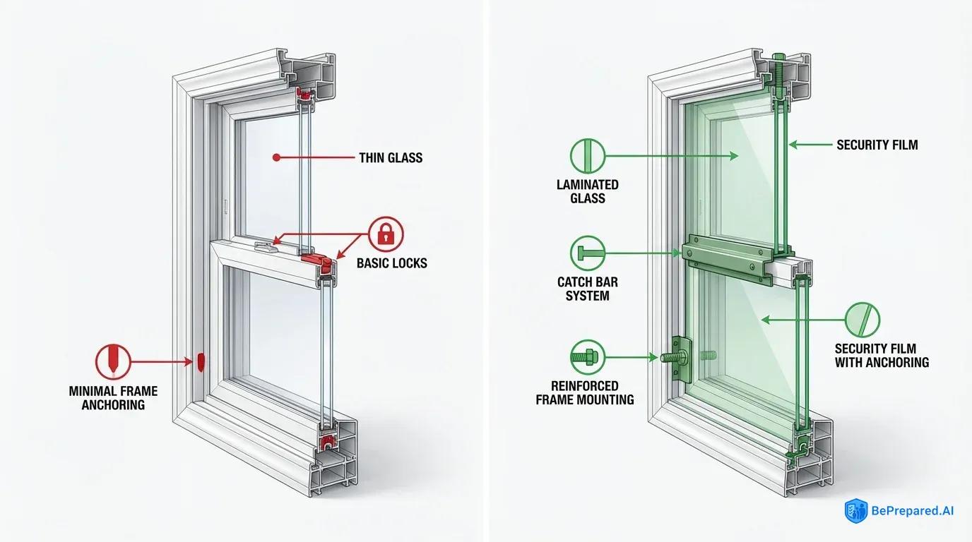 Split-screen comparison of standard window vulnerabilities versus security-reinforced window features