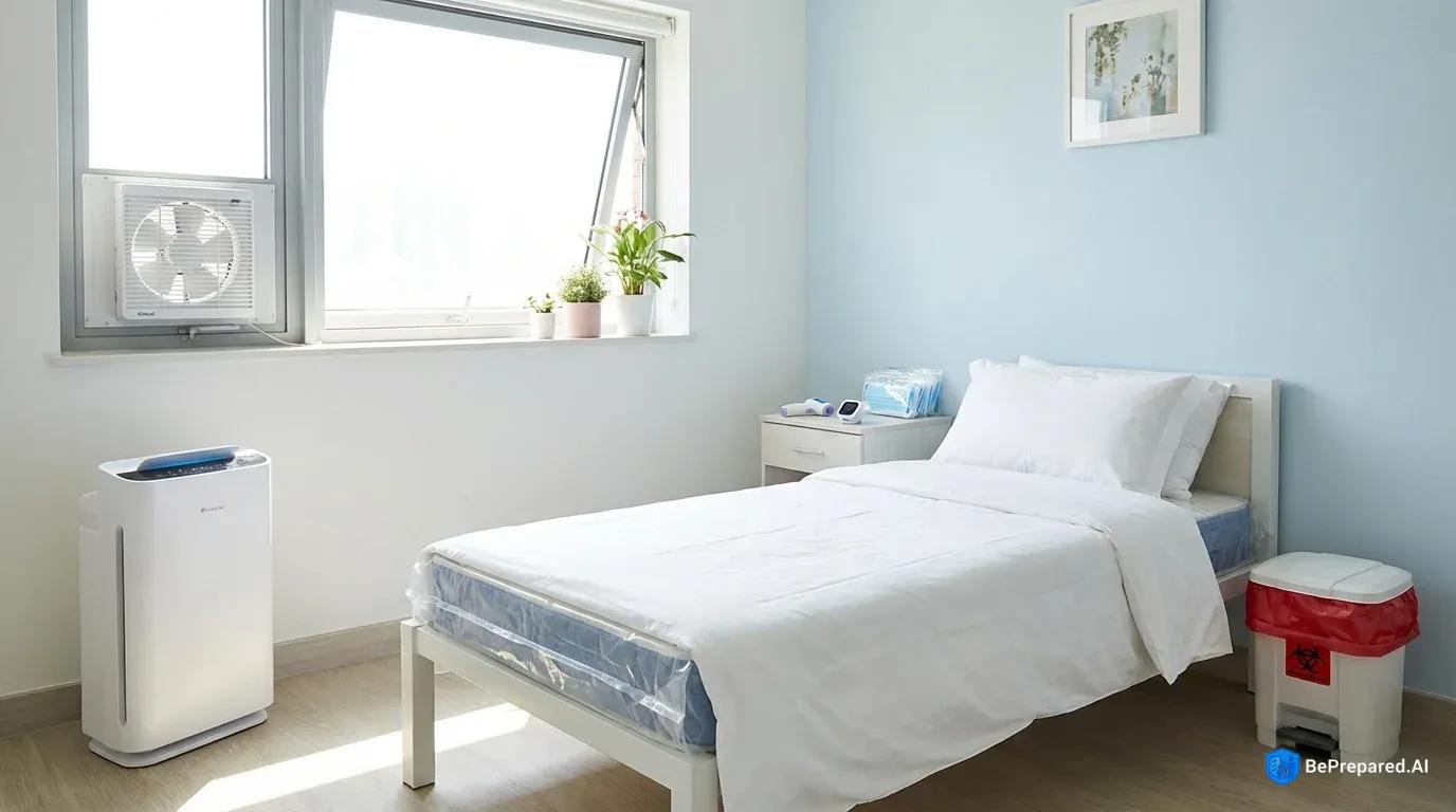 Medical quarantine bedroom setup with air purifier, medical supplies, and proper ventilation