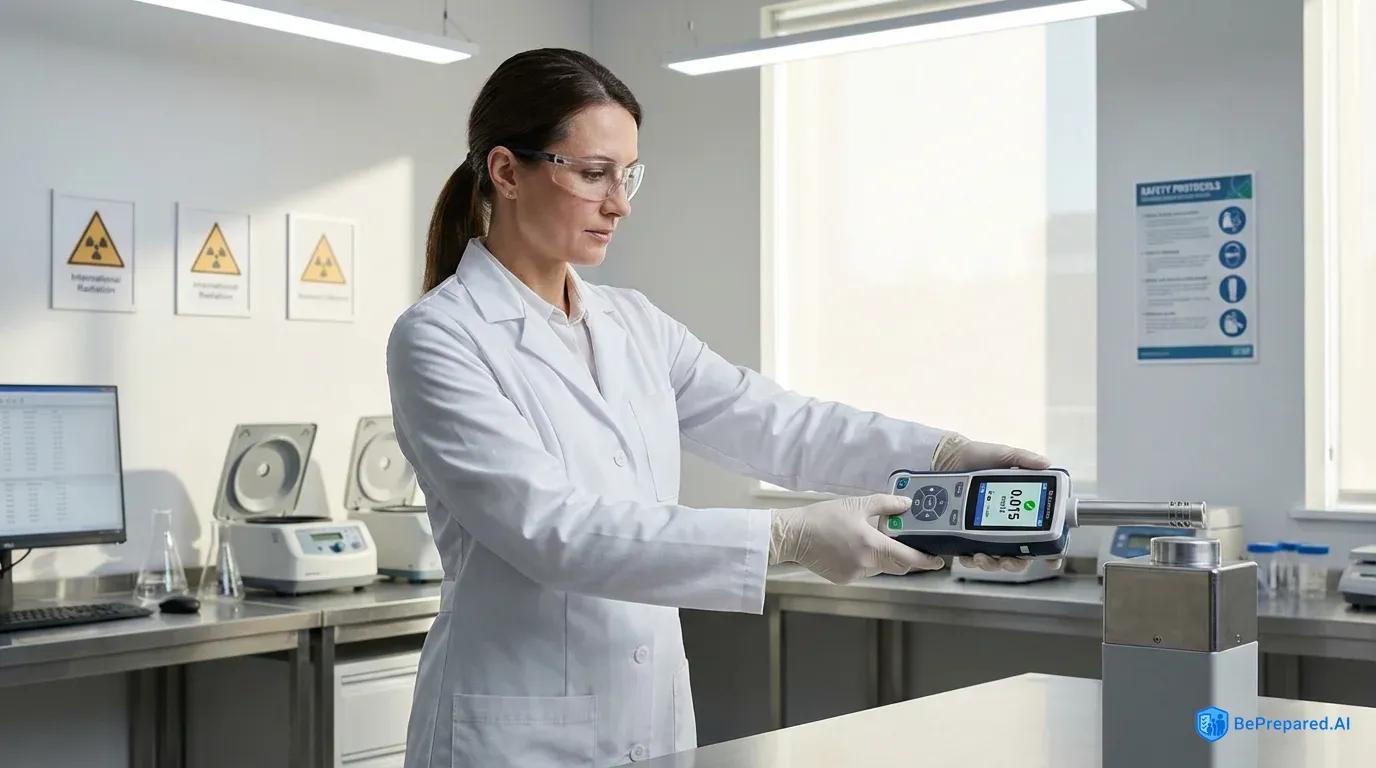 Health physicist demonstrating proper radiation detector use in laboratory setting