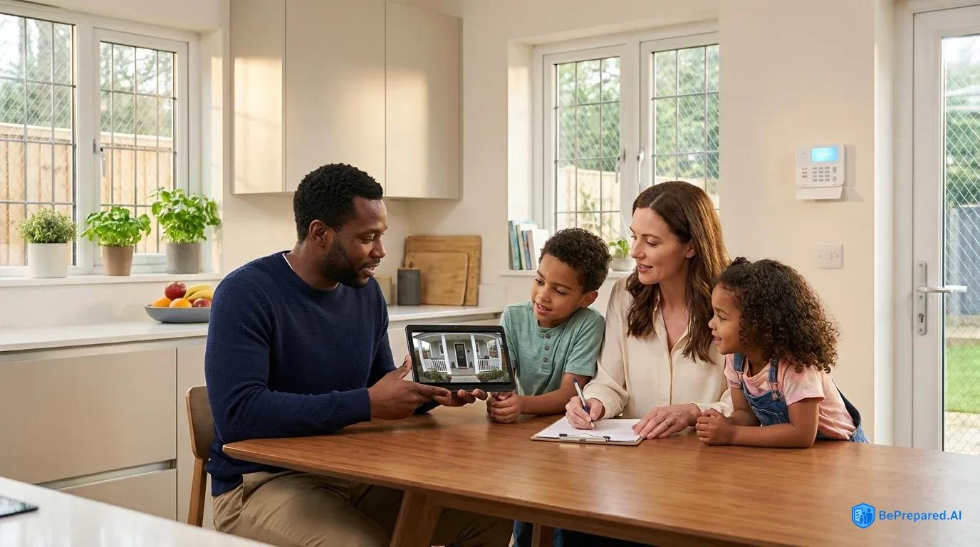 Family reviewing home security features together at kitchen table with security equipment visible