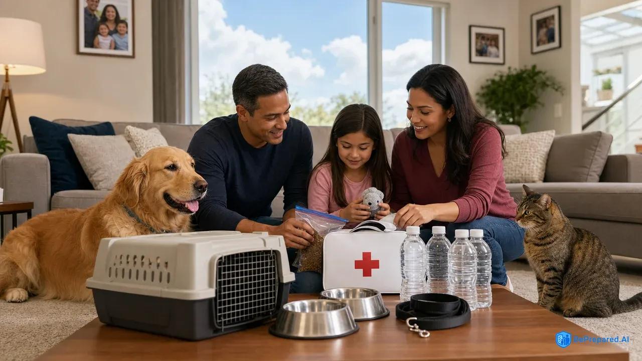 Family with golden retriever and tabby cat organizing pet emergency supplies on living room floor