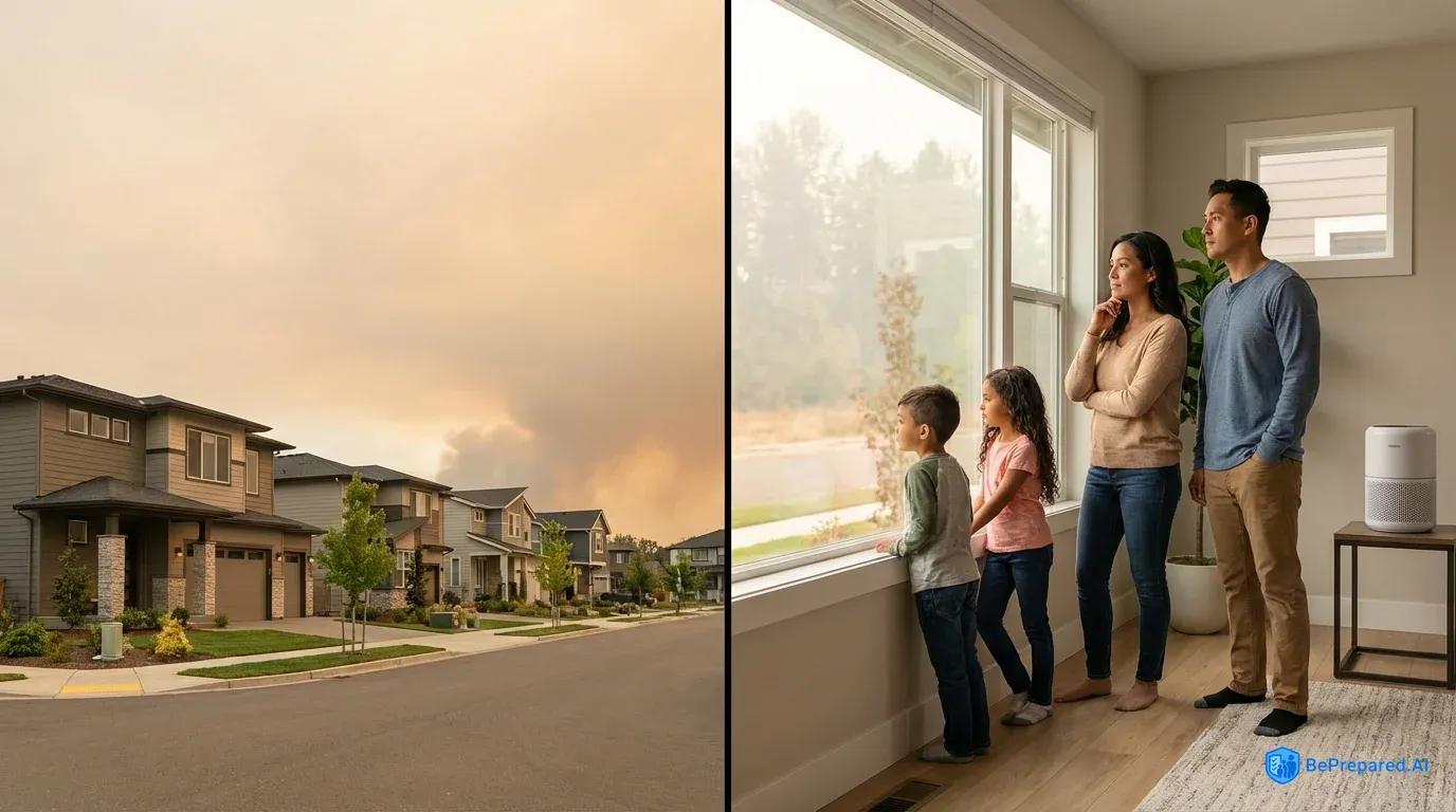 Split view of wildfire smoke approaching neighborhood and family watching safely from inside their home