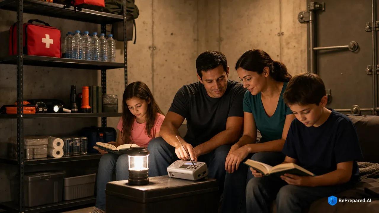 Family of four sitting calmly in basement safe room with emergency supplies during tornado