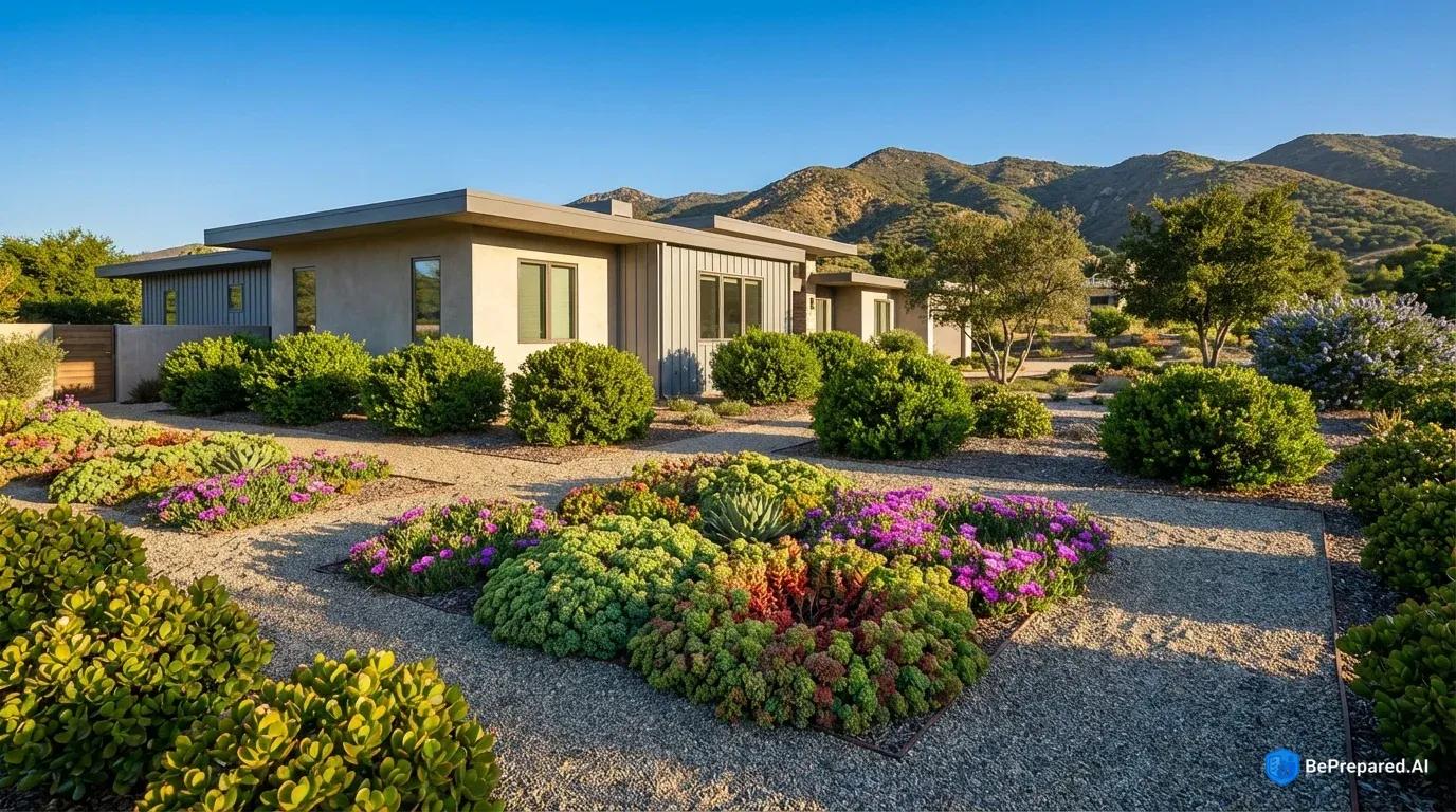Fire-resistant landscape with succulents and gravel paths around modern home, mountains in background