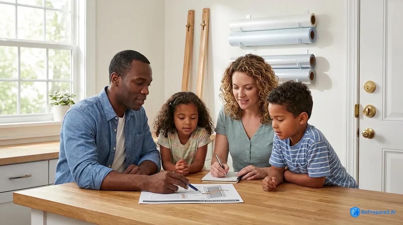 Family reviewing security plans while manual security equipment visible in background