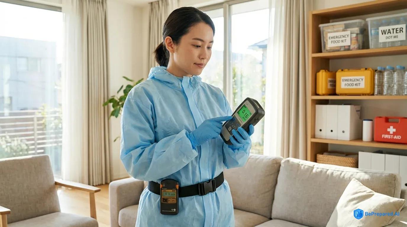 Professional checking radiation detector in home setting with protective gear and organized emergency supplies