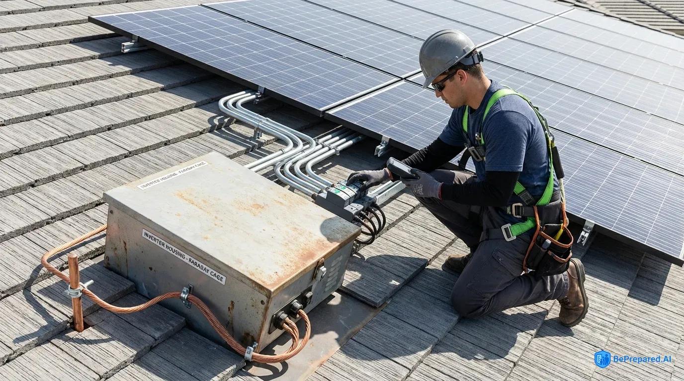 Solar installer inspecting EMP-protected rooftop solar array with visible shielding and grounding components
