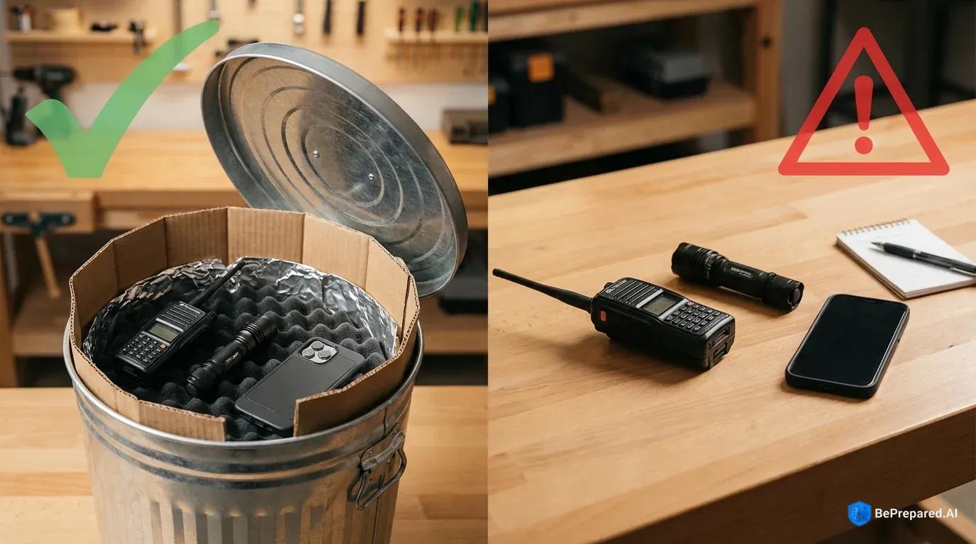 Split view comparing protected electronics in Faraday cage versus unprotected devices