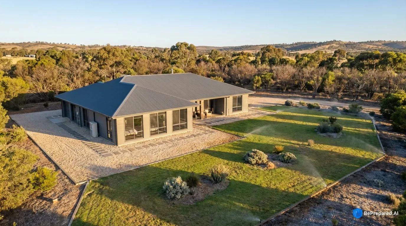 Aerial view of home with three distinct defensible space zones showing proper wildfire preparedness