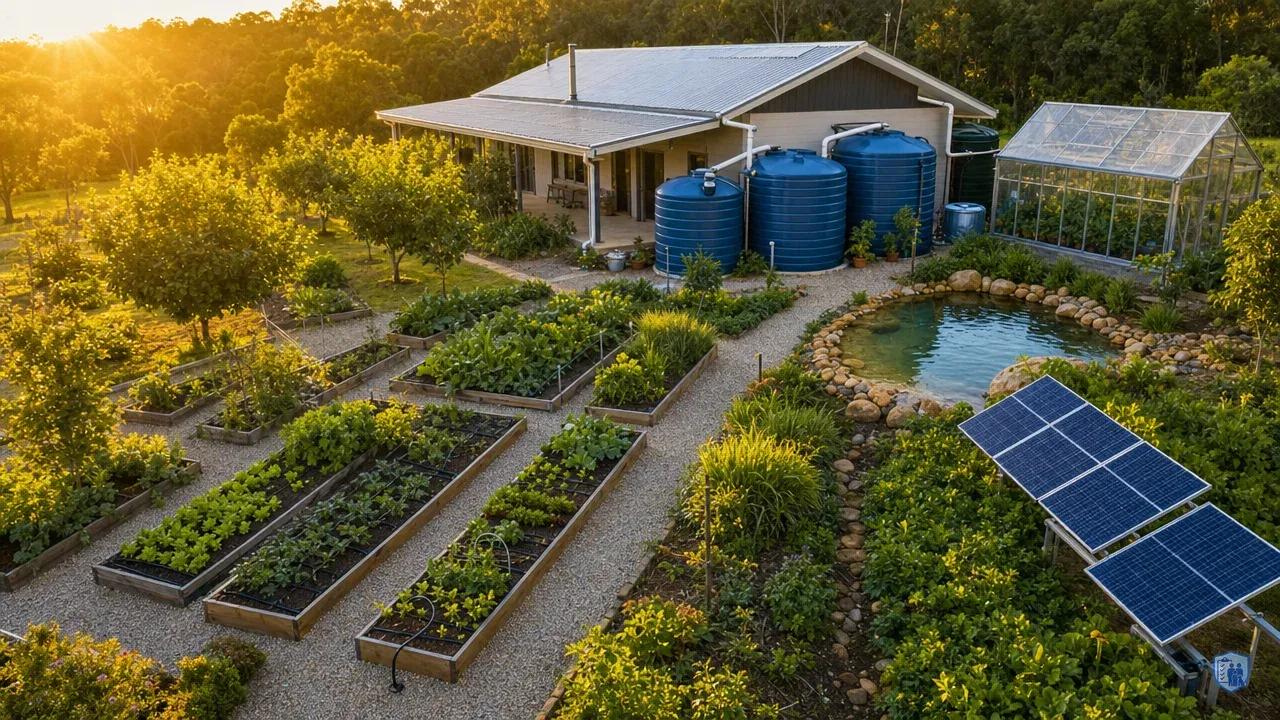 Aerial view of one-acre homestead with integrated water management systems and productive gardens