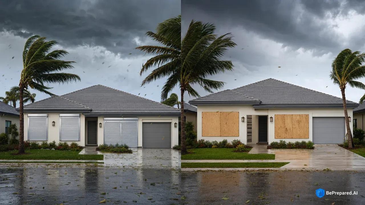 Two homes with hurricane protection: left with storm shutters, right with plywood boards