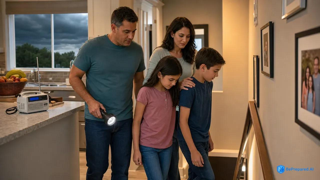 Family of four calmly moving toward basement stairs during tornado warning with emergency supplies