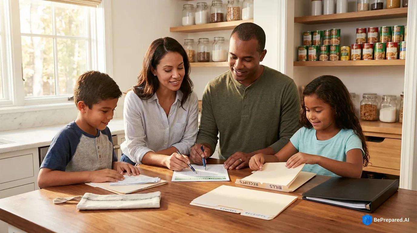 Family reviewing emergency financial documents with organized supplies visible in background