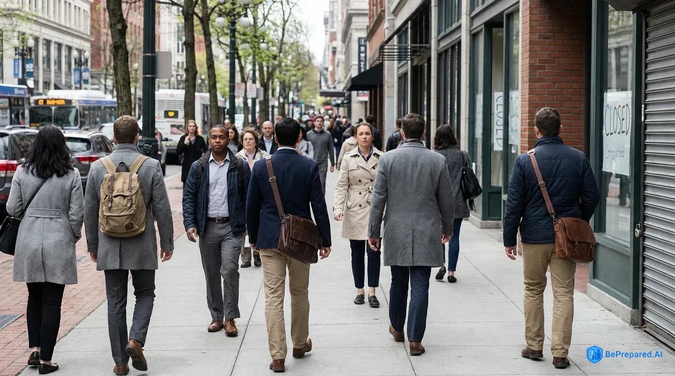 Diverse pedestrians walking on city street wearing casual clothing and carrying everyday bags