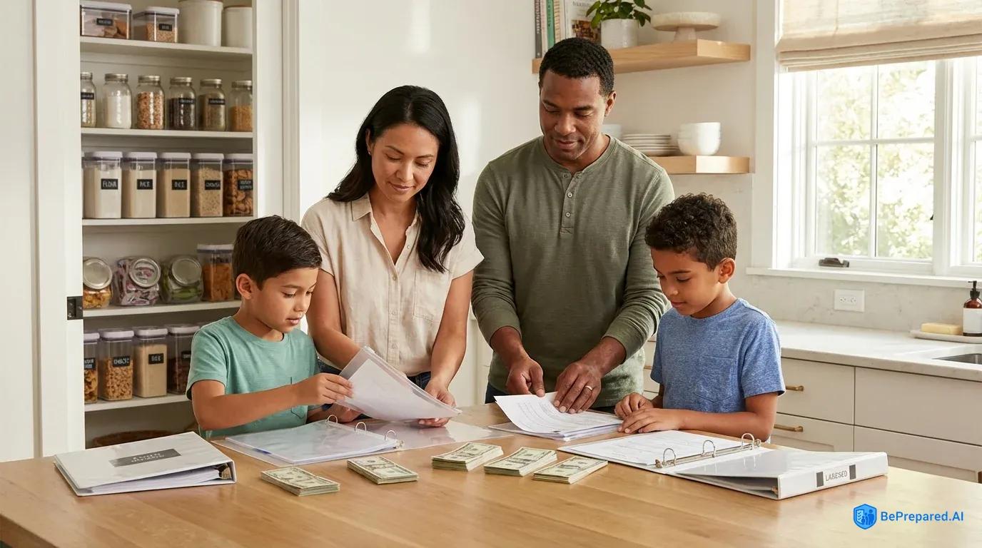 Family organizing emergency documents with supplies visible in background